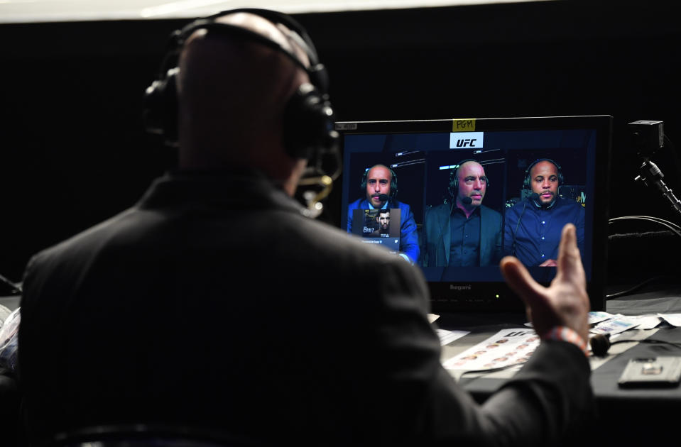 JACKSONVILLE, FLORIDA - MAY 09: A view of the broadcast team anchoring the television coverage during the UFC 249 event at VyStar Veterans Memorial Arena on May 09, 2020 in Jacksonville, Florida. (Photo by Jeff Bottari/Zuffa LLC)