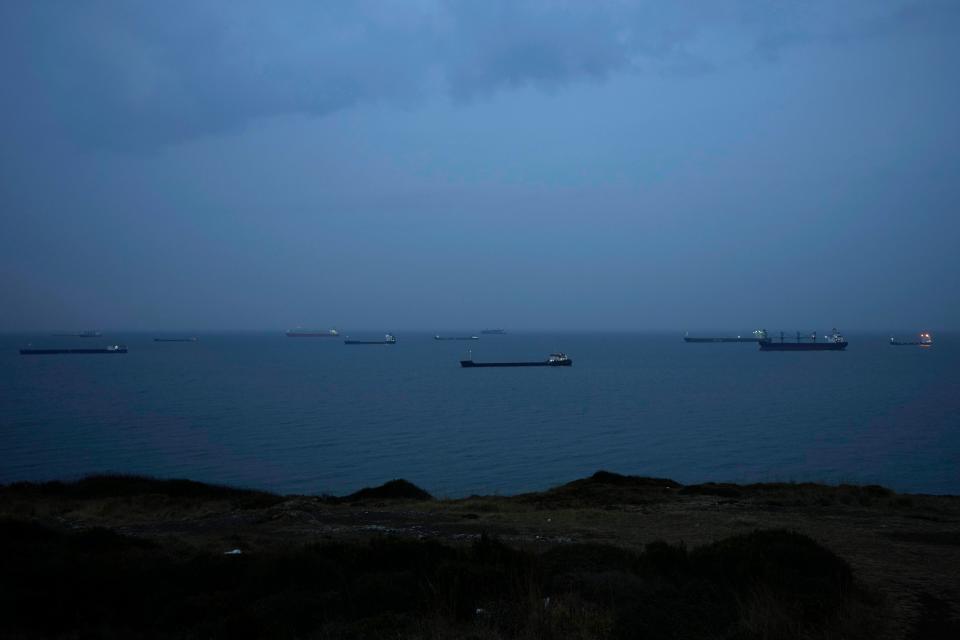 FILE - Cargo ships anchor at the Black Sea wait to cross the Bosporus strait in Istanbul, Turkey, on Nov. 17, 2022. (Copyright 2022 The Associated Press. All rights reserved.)