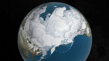 FILE PHOTO: An undated NASA illustration shows Arctic sea ice at a record low wintertime maximum extent for the second straight year, according to scientists at the NASA-supported National Snow and Ice Data Center (NSIDC) and NASA. NASA/Goddard's Scientific Visualization Studio/C. Starr/Handout via Reuters/File Photo