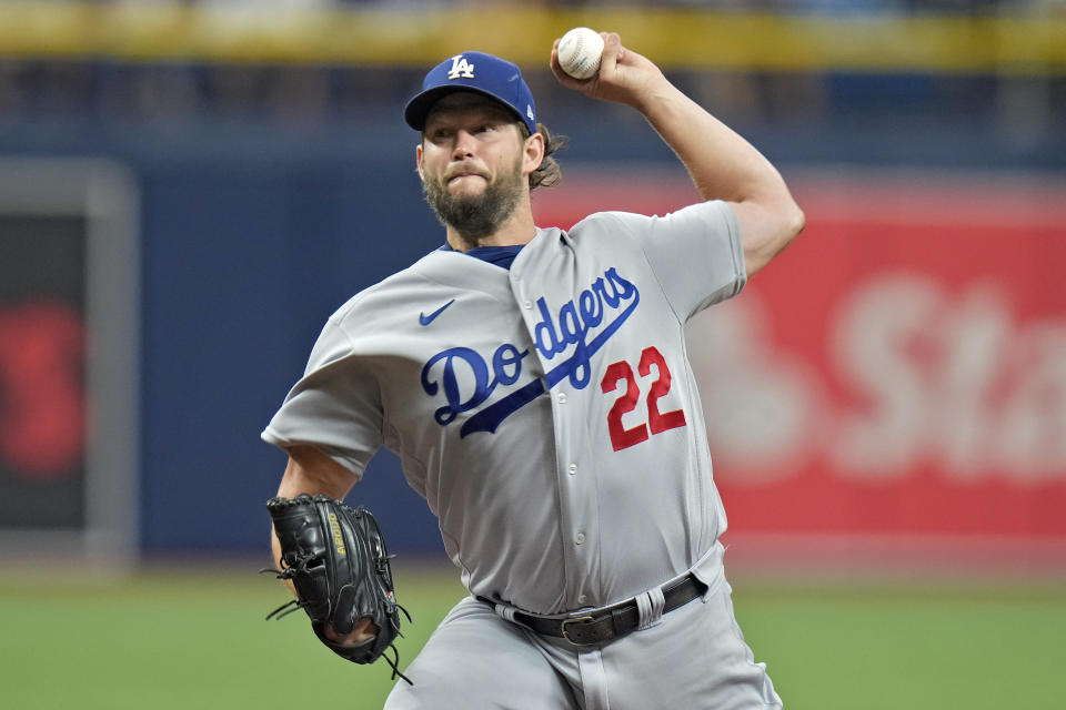 Los Angeles Dodgers starting pitcher Clayton Kershaw delivers to the Tampa Bay Rays during the first inning of a baseball game Saturday, May 27, 2023, in St. Petersburg, Fla. (AP Photo/Chris O'Meara)