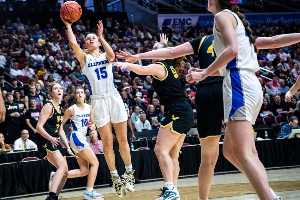 Clear Creek-Amana's Lena Evans attempts a shot during the Iowa high school state tournament championship game at Wells Fargo Arena on Saturday. Evans finished with four points.