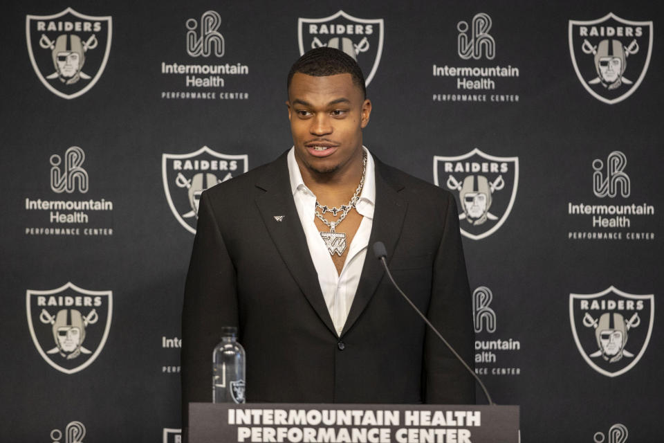 Las Vegas Raiders NFL football draft pick defensive end Tyree Wilson speaks at his introductory news conference Friday, April 28, 2023, in Las Vegas. (Heidi Fang/Las Vegas Review-Journal via AP)