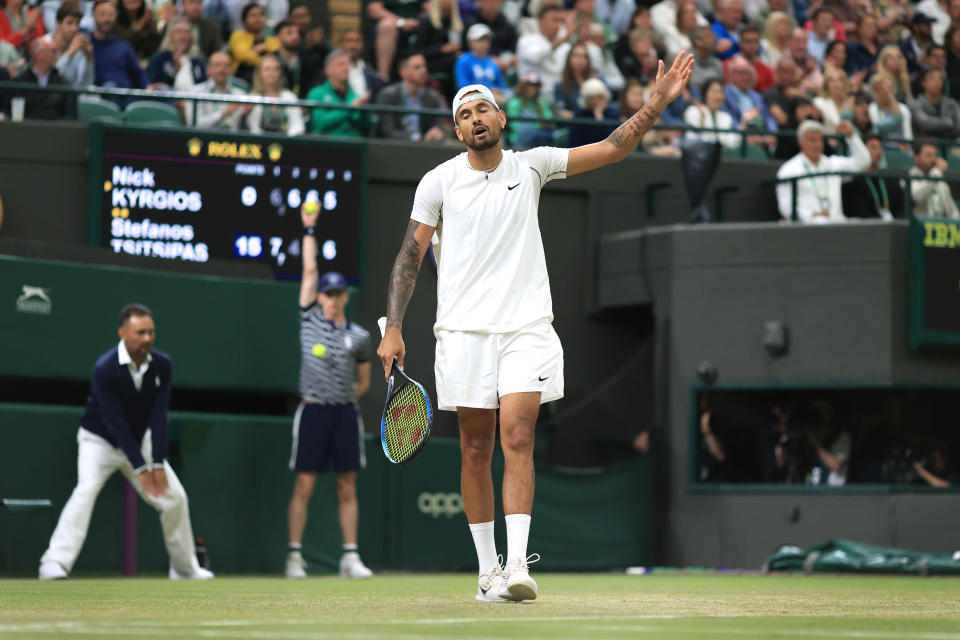 LONDON, ENGLAND - JULY 02: Nick Kyrgios (AUS) complains during his Gentlemen's Singles 3rd Round match against Stefanos Tsitsipas (GRE) during day six of The Championships Wimbledon 2022 at All England Lawn Tennis and Croquet Club on July 2, 2022 in London, England. (Photo by Simon Stacpoole/Offside/Offside via Getty Images)