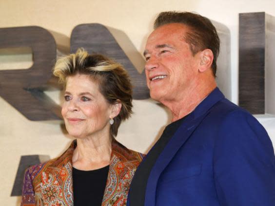 ‘She always wants to kill me’: Linda Hamilton and Arnold Schwarzenegger at a Terminator: Dark Fate photo call last week (Tim P Whitby/Getty Images)