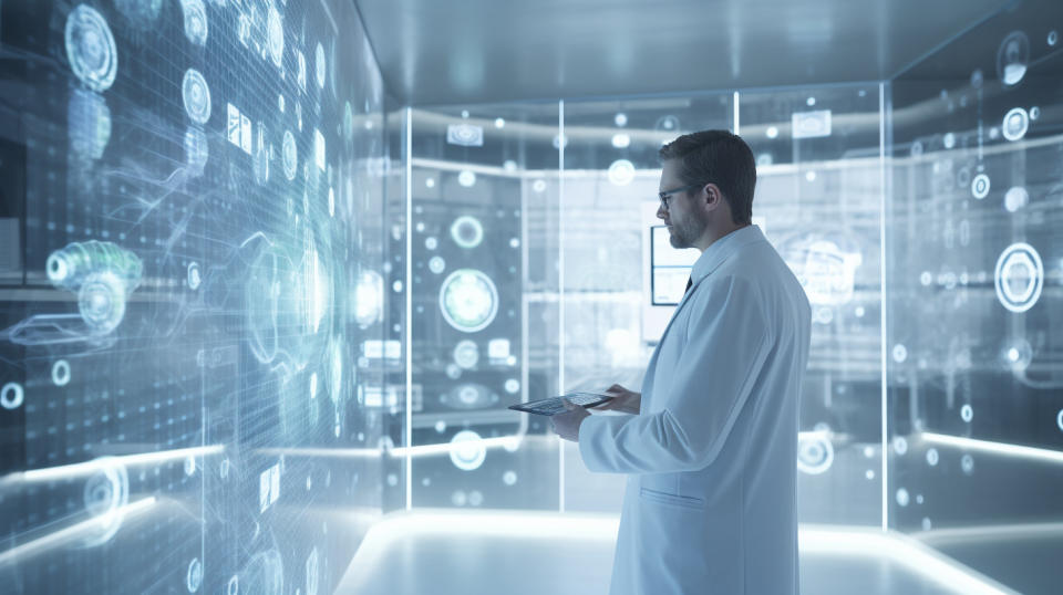 A medical professional in a clean white lab coat, standing amidst a high-tech clinical environment.