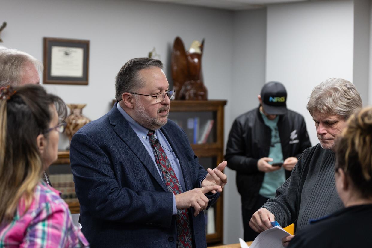 Michael Villar speaks to supporters while announcing his run for Allegan County prosecutor.