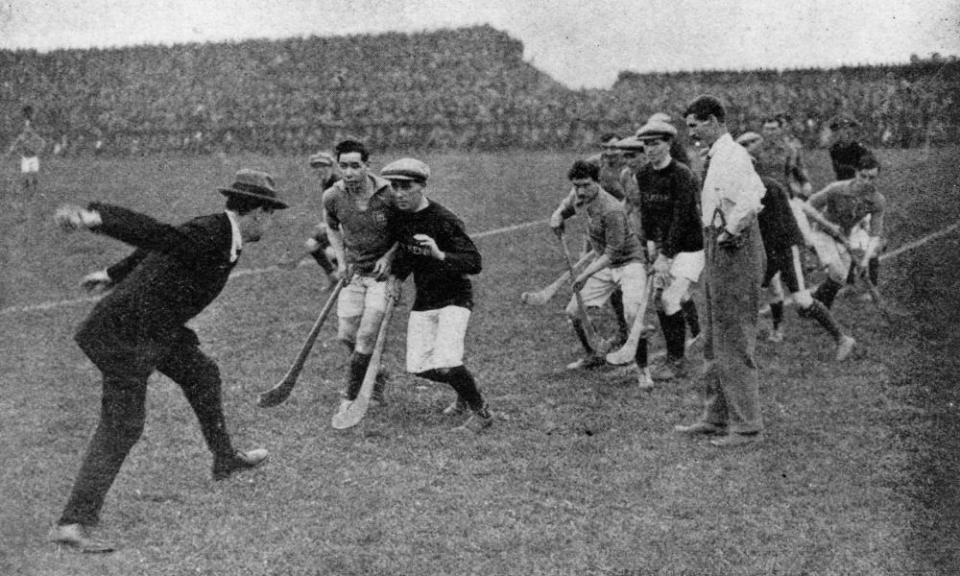 Michael Collins throwing in the ball to start a hurling match at Croke Park in 1921.