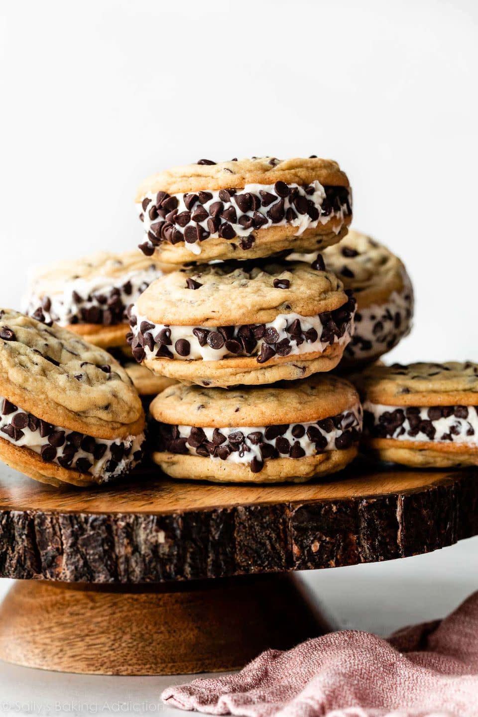 <p>Hear us out: Ice cream in February may not sound like the most appetizing dessert, but since you’re not out there freezing your ass off at the actual game, why wouldn’t you serve two cookies stuffed with ice cream for dessert at your Super Bowl party?</p><p><a href="https://sallysbakingaddiction.com/cookie-ice-cream-sandwiches/" rel="nofollow noopener" target="_blank" data-ylk="slk:Recipe from Sally’s Baking Addiction" class="link "><em>Recipe from Sally’s Baking Addiction</em></a></p>