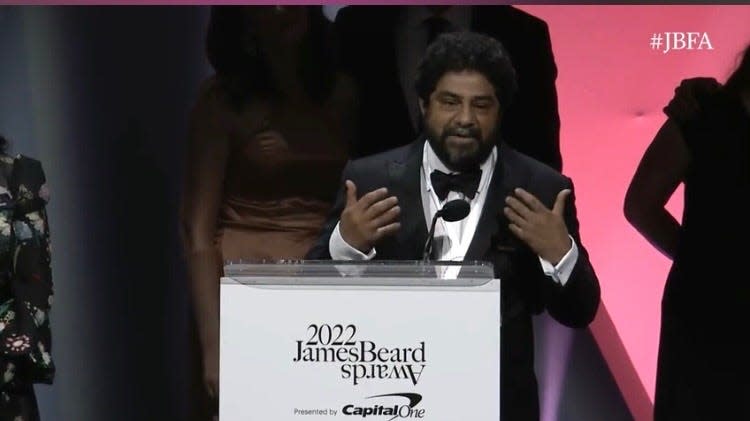 Meherwan Irani gives an acceptance speech after Chai Pani wins for Outstanding Restaurant at the James Beard Awards in Chicago on June 13, 2022. Irani and his wife, Molly, opened the Asheville restaurant in 2009.