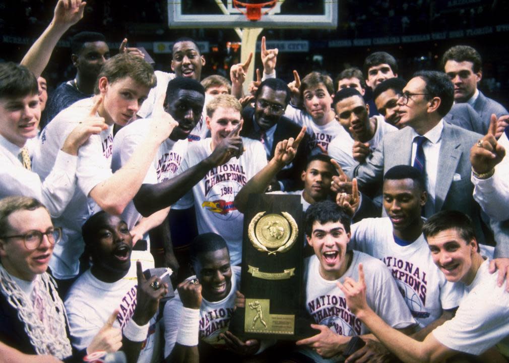 Kansas celebrates its victory at the Final Four basketball championship.