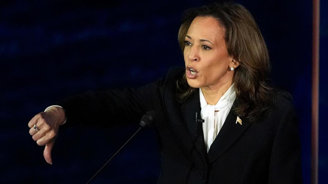 PHOTO: Democratic presidential nominee Vice President Kamala Harris gestures as she speaks during an ABC News presidential debate with Republican presidential nominee former President Donald Trump, Sept. 10, 2024, in Philadelphia. (Alex Brandon/AP)