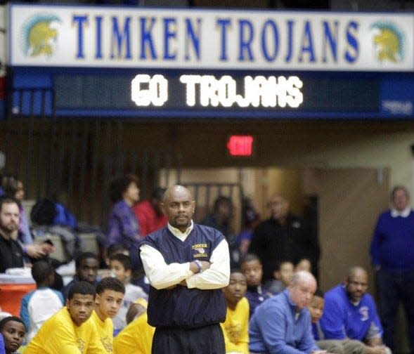 Timken head basketball coach Rick Hairston watches his team during the 2013-14 season at Memorial Field House, in Canton.