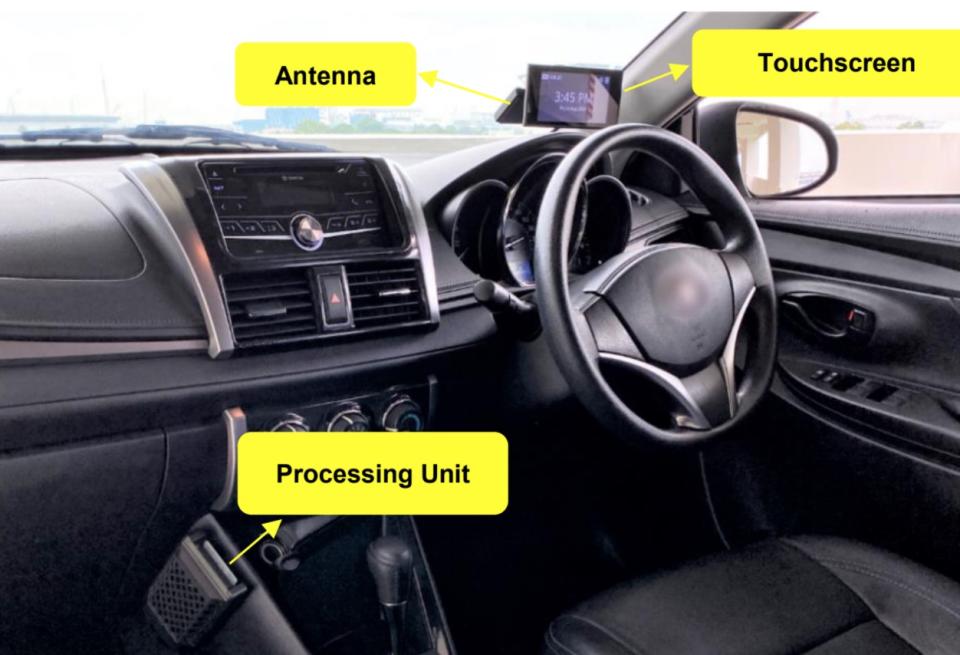 The new on-board unit for Singapore's next-generation ERP system will comprise an antenna and a touchscreen display, and a separate processing unit that can be mounted beneath the dashboard. (PHOTO: Land Transport Authority)