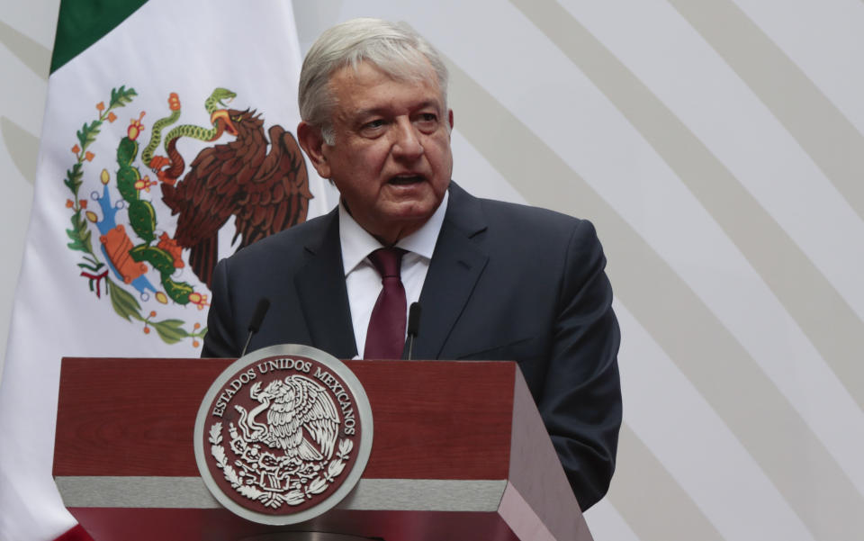 FILE - In this April 5, 2020 file photo, Mexican President Andres Manuel Lopez Obrador speaks at the National Palace in Mexico City. For his first foreign trip as president, López Obrador travels to Washington Tuesday, July 7, 2020 to meet with President Donald Trump. (AP Photo/Eduardo Verdugo, File)