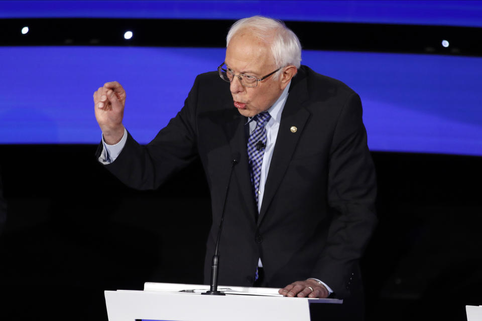 Democratic presidential candidate Sen. Bernie Sanders, I-Vt., speaks Tuesday, Jan. 14, 2020, during a Democratic presidential primary debate hosted by CNN and the Des Moines Register in Des Moines, Iowa. (AP Photo/Patrick Semansky)