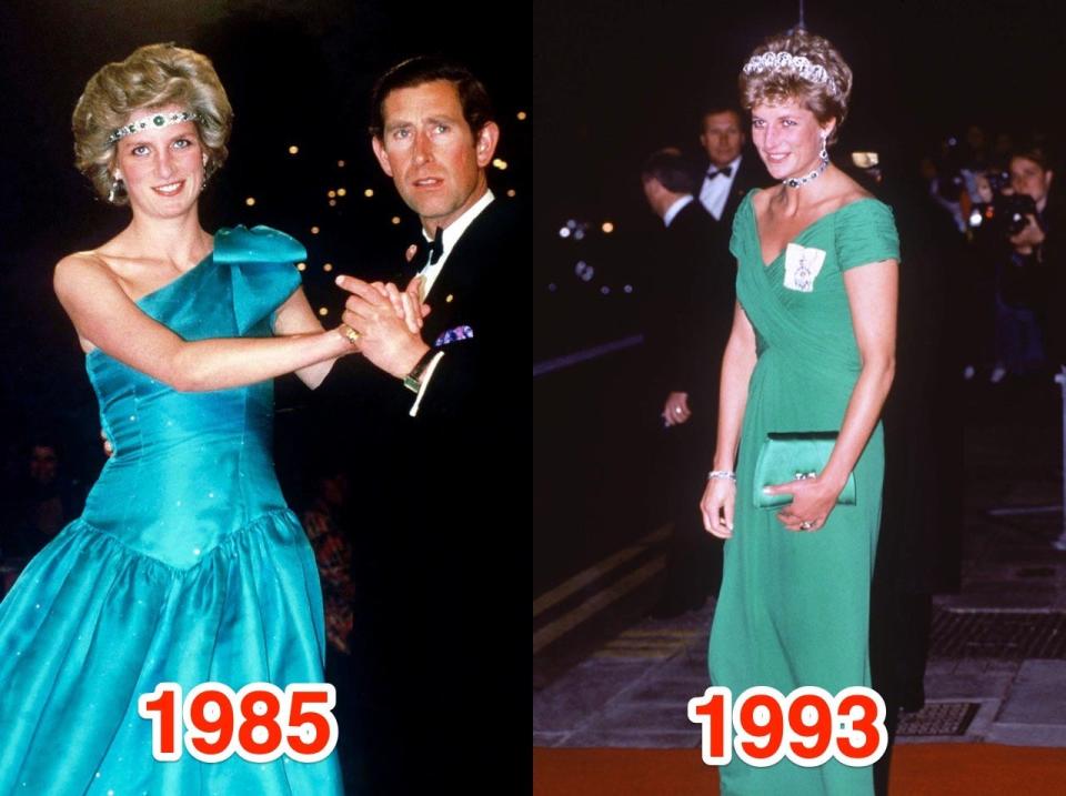 Princess Diana and then-Prince Charles on a royal tour of Australia in 1985, and at the Dorchester Hotel in London eight years later.