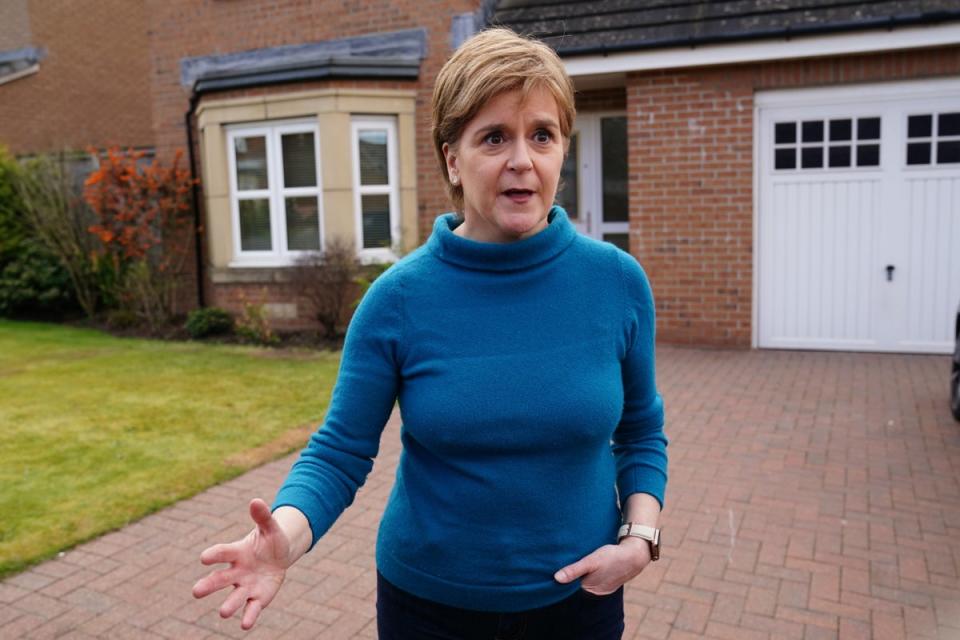 Nicola Sturgeon gave a brief statement to the media outside her home in Uddingston, Glasgow (Jane Barlow/PA) (PA Wire)