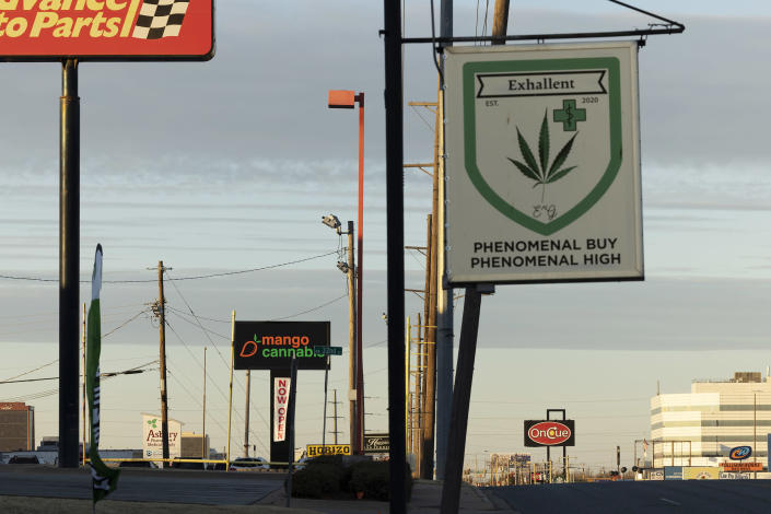 Image: Medical cannabis stores near NW 32nd St. and North May Ave. on Jan. 25, 2022 in Oklahoma City. (Brett Deering for NBC News)