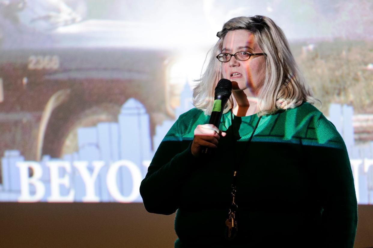 Cinema Detroit co-founder and programmer Paula Guthat addresses the audience before a film screening in April 2018. Guthat struggled to find the major patrons and grant money that could have sustained the theater.