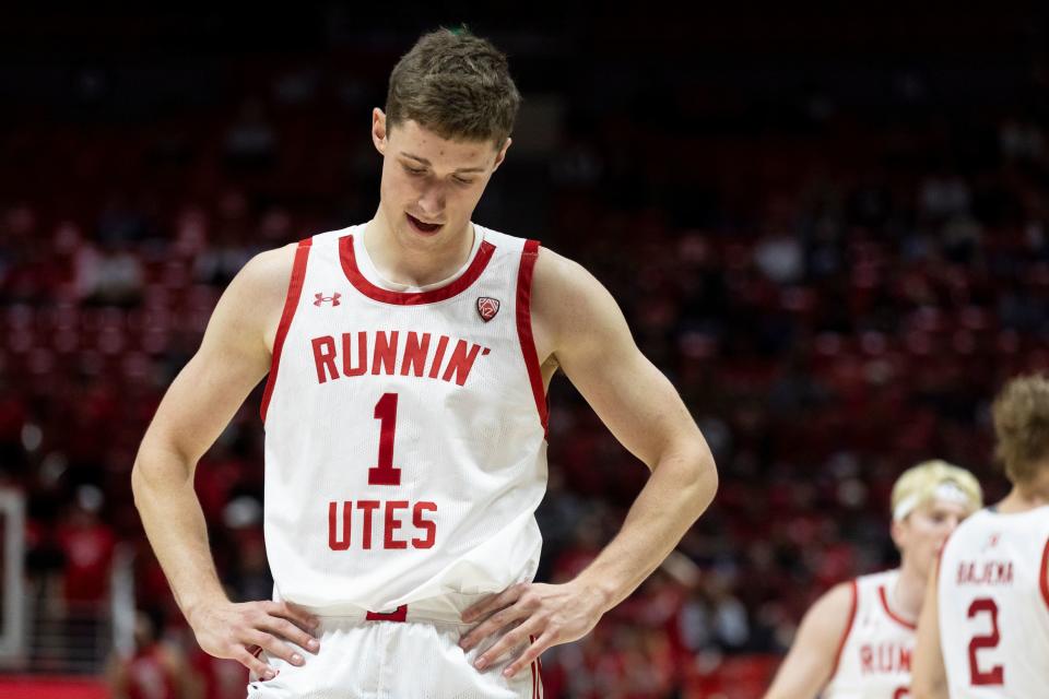 Utah Utes forward Ben Carlson (1) takes a breath during a game against the Oregon Ducks at the Huntsman Center in Salt Lake City on Jan. 21, 2024. | Marielle Scott, Deseret News