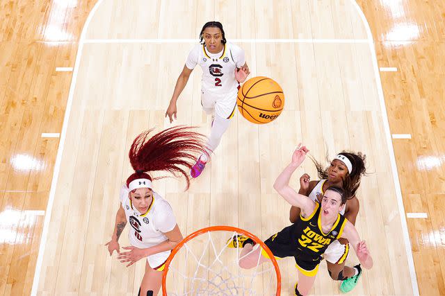 <p>C. Morgan Engel/NCAA Photos via Getty</p> Aerial view of Iowa Hawkeyes competing against the South Carolina Gamecocks on Sunday, April 7