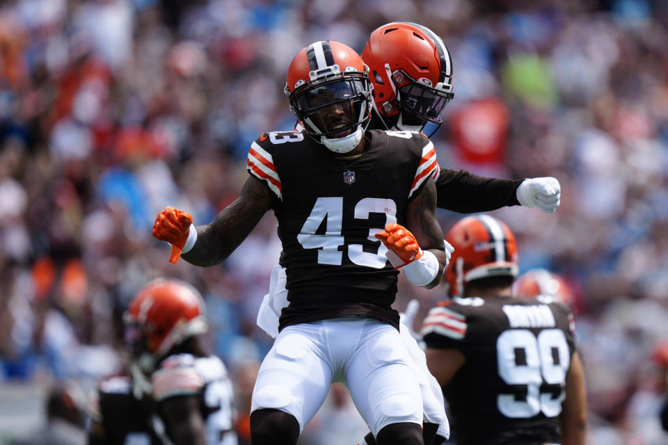 Cleveland Browns safety John Johnson III celebrates during the first quarter of an NFL football game against the Carolina Panthers on Sunday, Sept. 11, 2022, in Charlotte, N.C. (AP Photo/Jacob Kupferman)