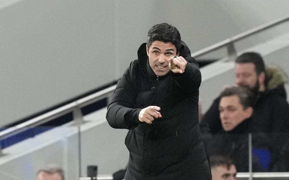 Arsenal's manager Mikel Arteta gives instructions from the side line during the English Premier League soccer match between Tottenham Hotspur and Arsenal at the Tottenham Hotspur Stadium in London, England, Sunday, Jan. 15, 2023. (AP Photo/Frank Augstein)