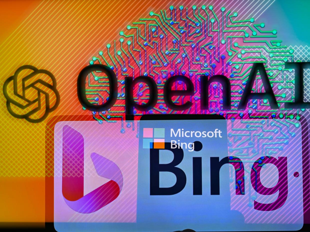 Illustration of Open AI's ChatGPT logo and Microsoft Bing logo