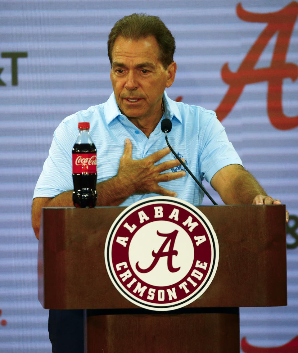 Alabama head coach Nick Saban speaks to media before a NCAA college football practice, Saturday, Aug. 4, 2018, in Tuscaloosa, Ala. (AP Photo/Butch Dill)