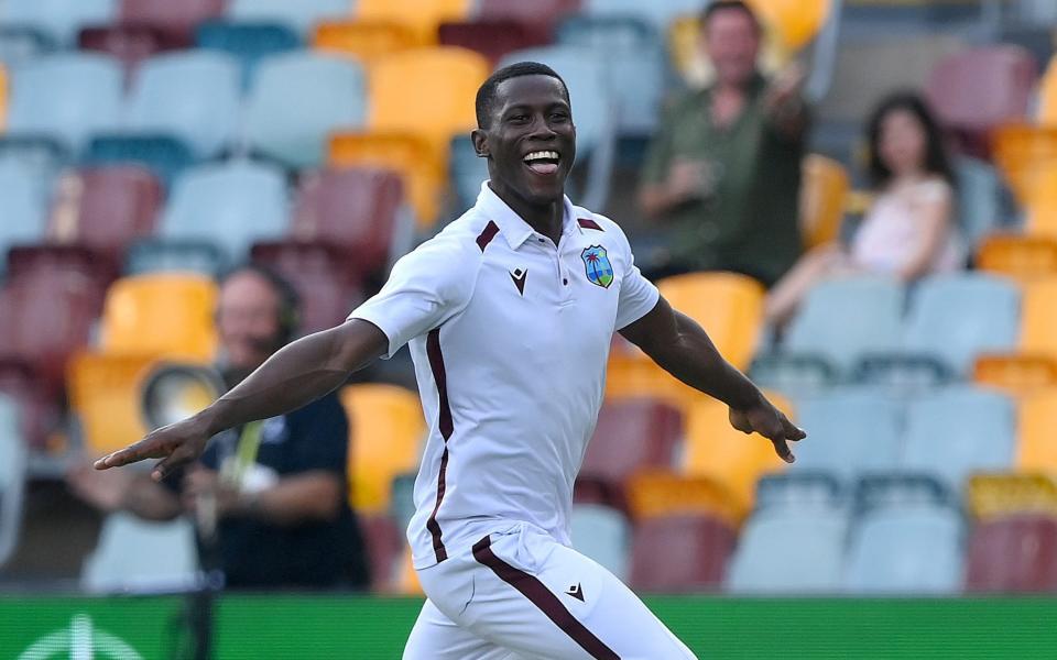 Shamar Joseph celebrates after bowling West Indies to a stunning victory over Australia at the Gabba in January