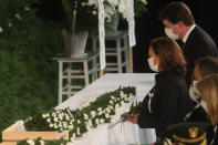 U.S. Vice President Kamala Harris lays flowers during the state funeral for former Prime Minister Shinzo Abe, the longest-serving leader in his nation’s modern history, Tuesday, Sept. 27, 2022, in Tokyo. Abe was assassinated in July. (Leah Millis/Pool Photo via AP)