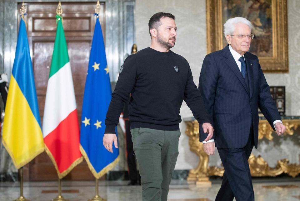 Italian President Sergio Mattarella escorting Volodymyr Zelensky (Quirinale Press Office/AFP via G)