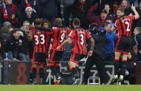 Football Soccer Britain - AFC Bournemouth v Liverpool - Premier League - Vitality Stadium - 4/12/16 Bournemouth's Nathan Ake celebrates scoring their fourth goal with teammates Reuters / Eddie Keogh Livepic