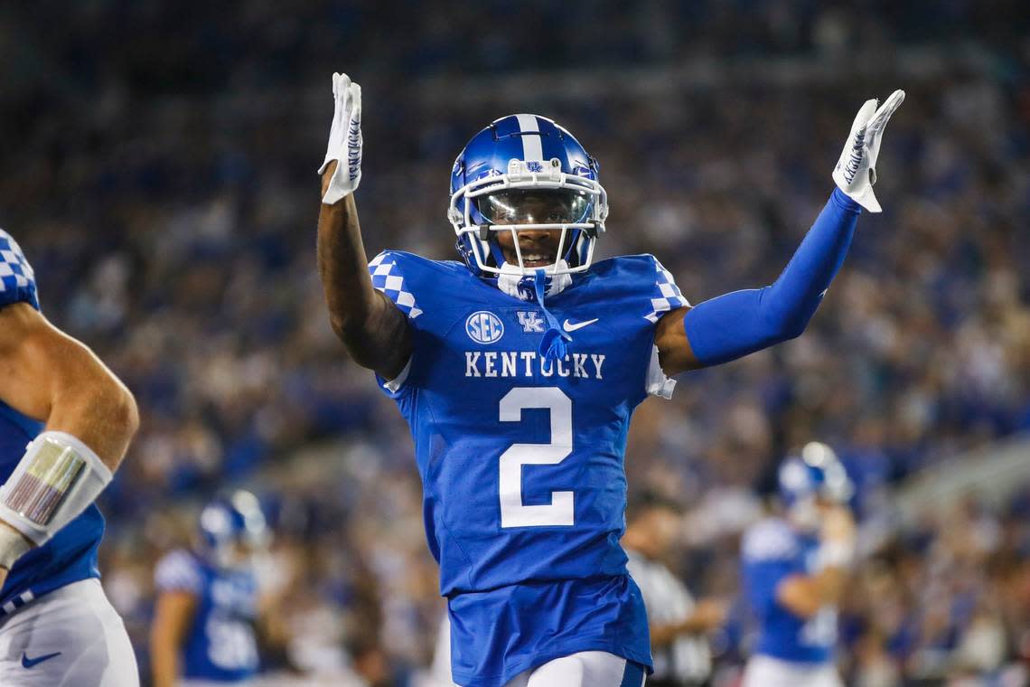 Kentucky Wildcats wide receiver Barion Brown (2) celebrates after scoring a touchdown against the Northern Illinois Huskies during the game at Kroger Field in Lexington, Ky., Saturday, September 24, 2022.