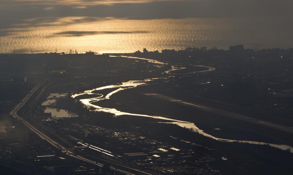 An aerial view from a helicopter shows the Adler district of the Black Sea resort city of Sochi