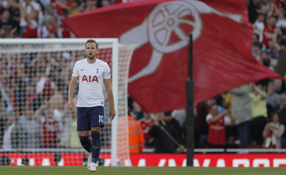 A dejected Harry Kane of Spurs after the first Arsenal goal during the Premier League match between Arsenal and Tottenham Hotspur at the Emirates Stadium on September 26th 2021 in London (Photo by Tom Jenkins/Getty Images)