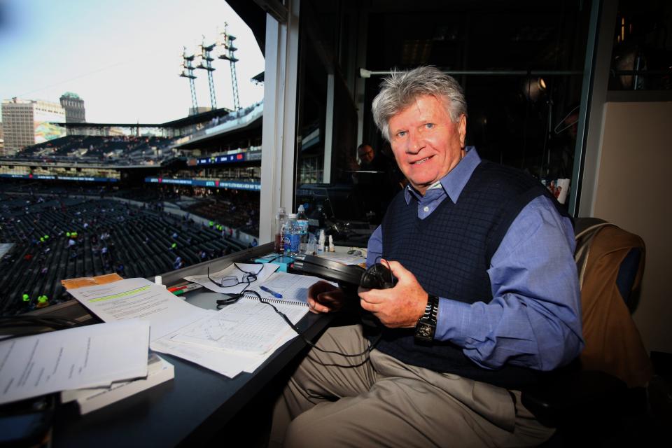 Tigers radio broadcast color man Jim Price gets ready for his first game back after a brief illness before the Tigers game against the Twins at Comerica Park on Wednesday, May 16, 2012.