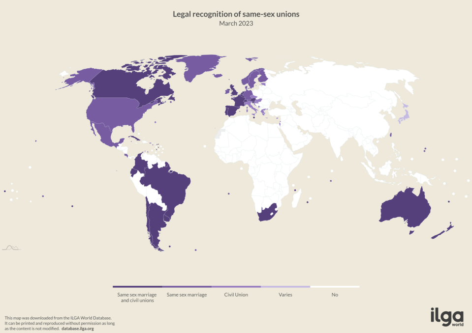 Last updated in March 2023, this map shows the countries that recognise marriage equality. Nepal’s top court has since issued an order de facto legalising same-sex marriage (International Lesbian, Gay, Bisexual, Trans and Intersex Association)