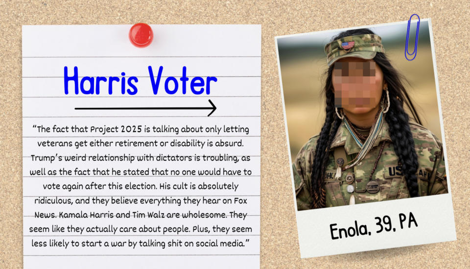 Harris Voter. Enola, 39, PA in military attire. Opinion on Project 2025 described as absurd, critical of Trump and voter impact. Mentions Kamala Harris and Tim Walz