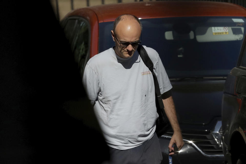 Dominic Cummings, the chief advisor to Britain's Prime Minister Boris Johnson, arrives at Downing Street in London, Wednesday, May 27, 2020. The prime minister's populist appeal has been hammered by news that, as the coronavirus outbreak raged, chief adviser Cummings drove 250 miles (400 kilometers) to his parents' house while he was falling ill with suspected COVID-19 — allegedly flouting lockdown rules that the government had imposed on the rest of the country. (AP Photo/Matt Dunham)