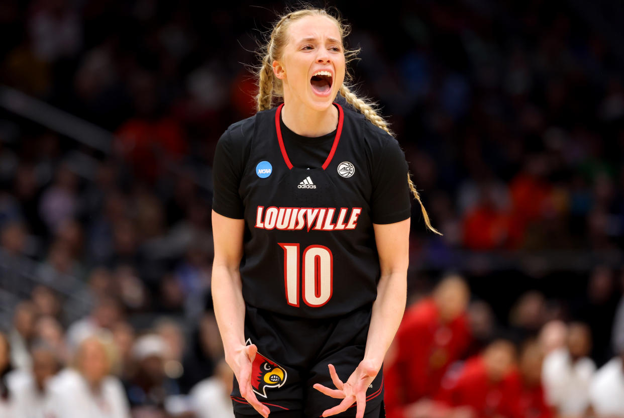 SEATTLE, WA - MARCH 26: Hailey Van Lith #10 of the Louisville Cardinals reacts during the first half of the game against the Iowa Hawkeyes during the Elite Eight round of the 2023 NCAA Women's Basketball Tournament held at Climate Pledge Arena on March 26, 2023 in Seattle, Washington. (Photo by C. Morgan Engel/NCAA Photos via Getty Images)
