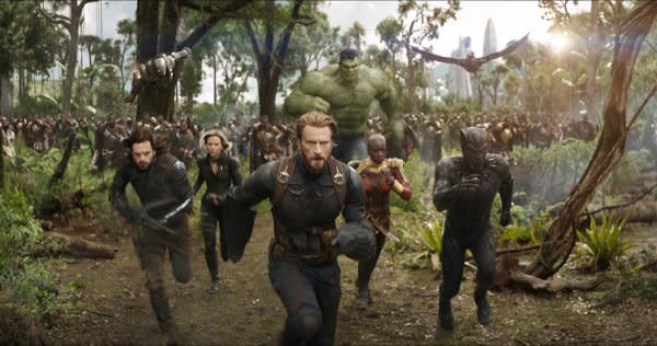 Chris Evans, Anthony Mackie, Chadwick Boseman, Sebastian Stan, and Danai Gurira in Avengers: Infinity War. (Credit: IMDB)