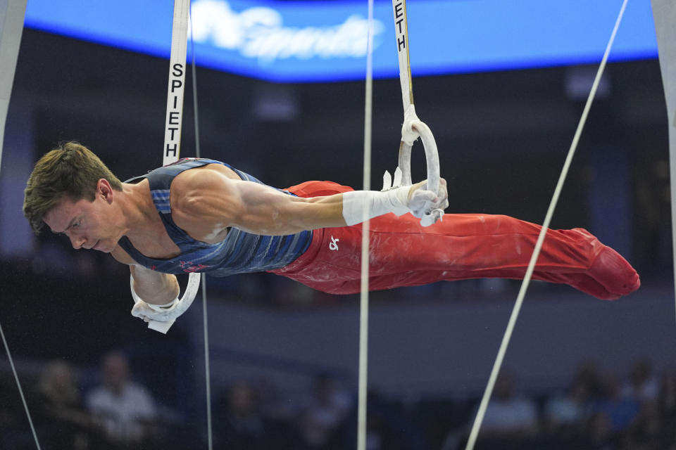Brody Malone competes on the still rings at the United States Gymnastics Olympic Trials on Thursday, June 27, 2024, in Minneapolis. (AP Photo/Abbie Parr)