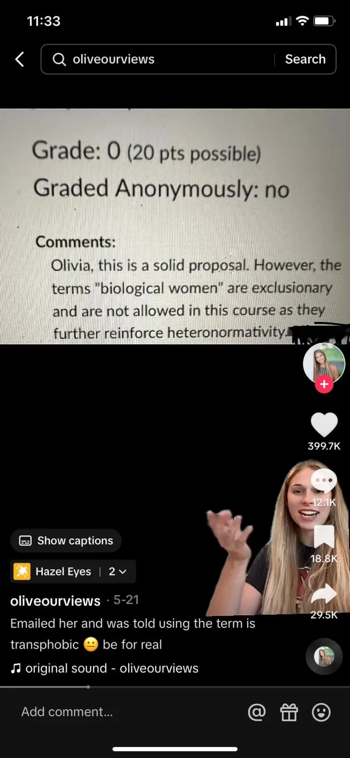 Krolczyk's TikTok includes comments she says were left by her UC professor about why she received a zero on the assignment.