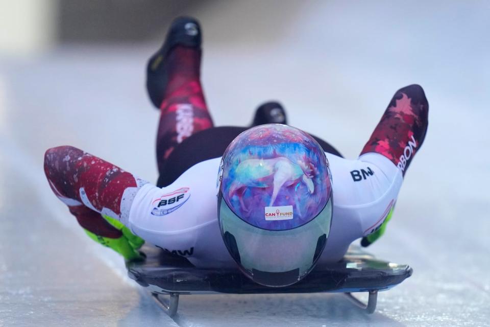 Canada's Mirela Rahneva, seen above in December 2023, captured gold at the women's skeleton World Cup event on Friday in Sigulda, Latvia. (Petr David Josek/The Associated Press - image credit)