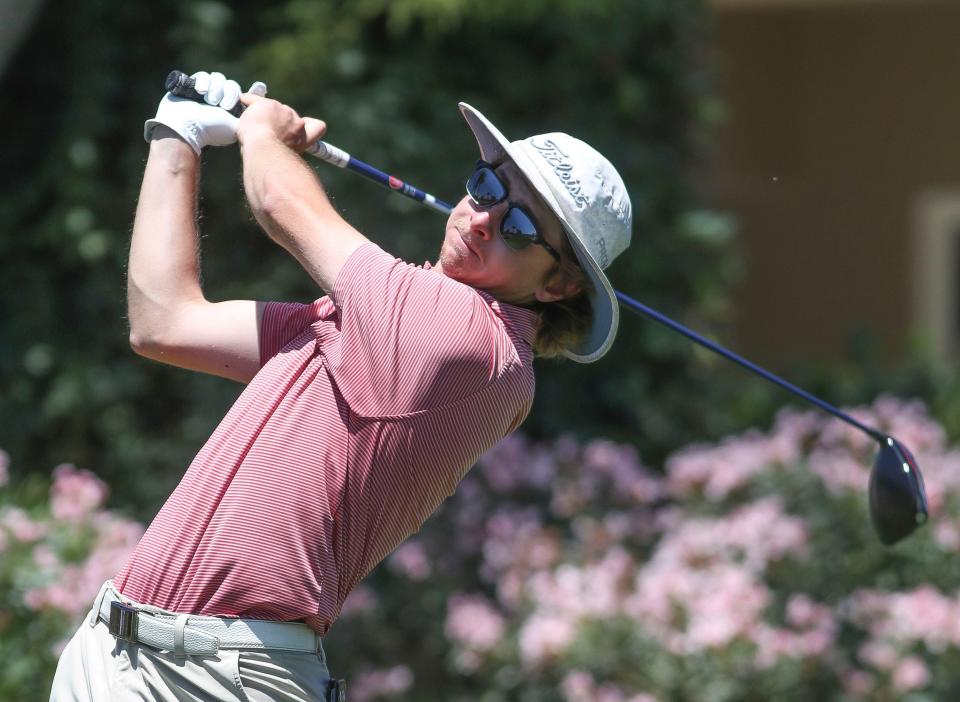 Nicholas Harrison of La Quinta tees off on the 16th hole on the Grove Course at Indian Ridge Country Club during round one of the U.S. Open local qualifying in Palm Desert, Calif., May 6, 2024.