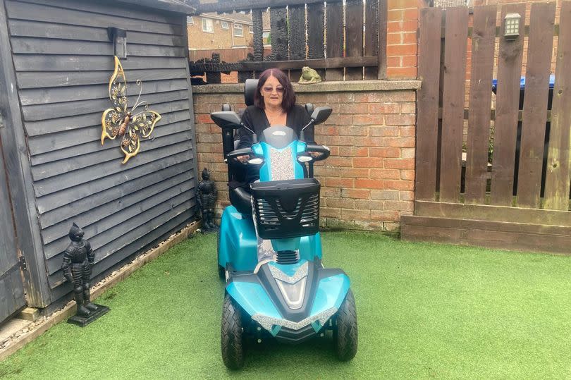 Elizabeth Taylor next to the fence which was damaged by fire. Her scooter was also damaged by burning ash