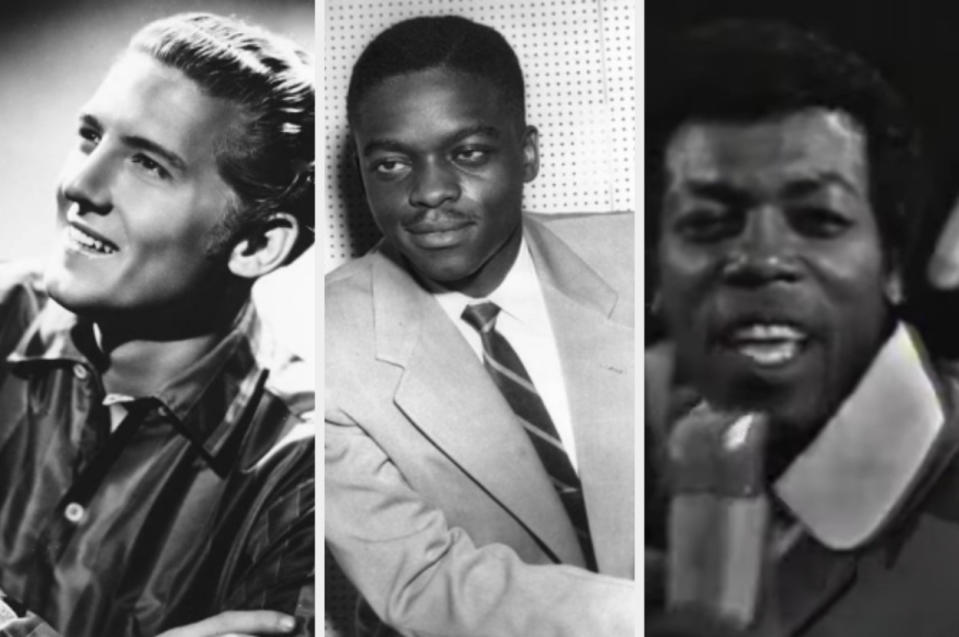 Left: Jerry Lee Lewis poses for a studio portrait around 1957, middle: Otis Blackwell circa 1970, right: Jack Hammer performs "Granada" in 1966