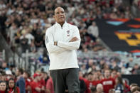 NC State head coach Kevin Keatts watches during the second half of the NCAA college basketball game against Purdue at the Final Four, Saturday, April 6, 2024, in Glendale, Ariz. (AP Photo/Brynn Anderson )
