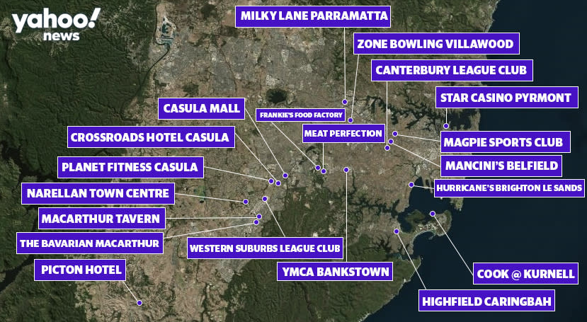 Map shows the locations in and around Sydney which have been impacted by a new coronavirus outbreak. Source: Yahoo News Australia